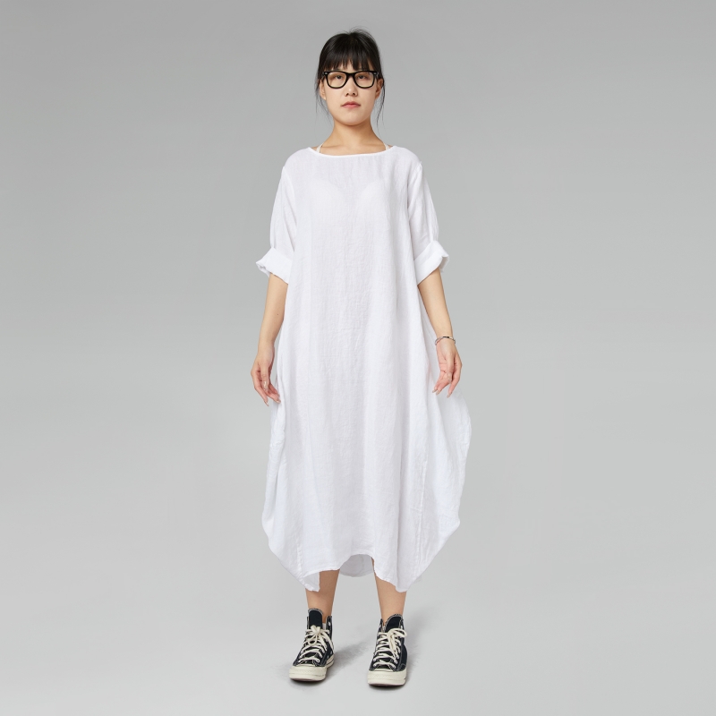 OVER FIT LINEN DRESS WHITE