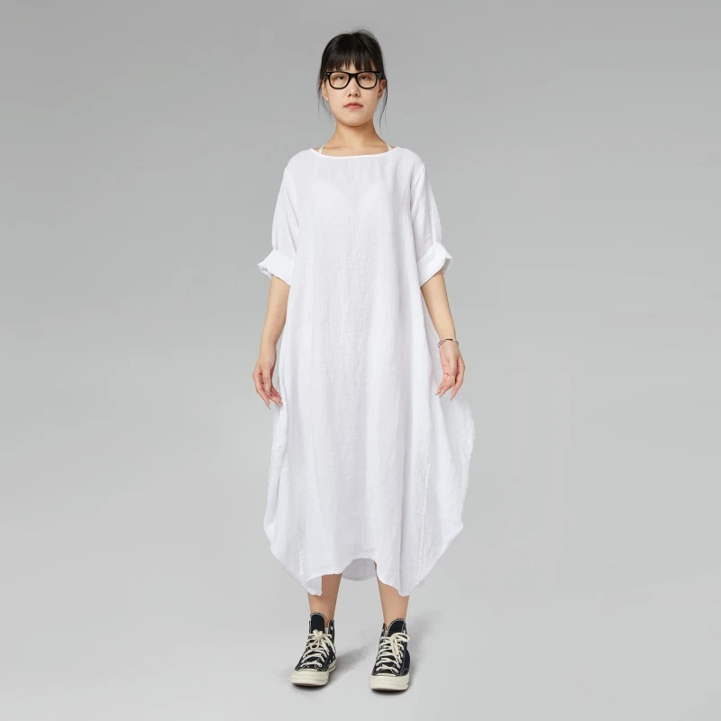 OVER FIT LINEN DRESS WHITE