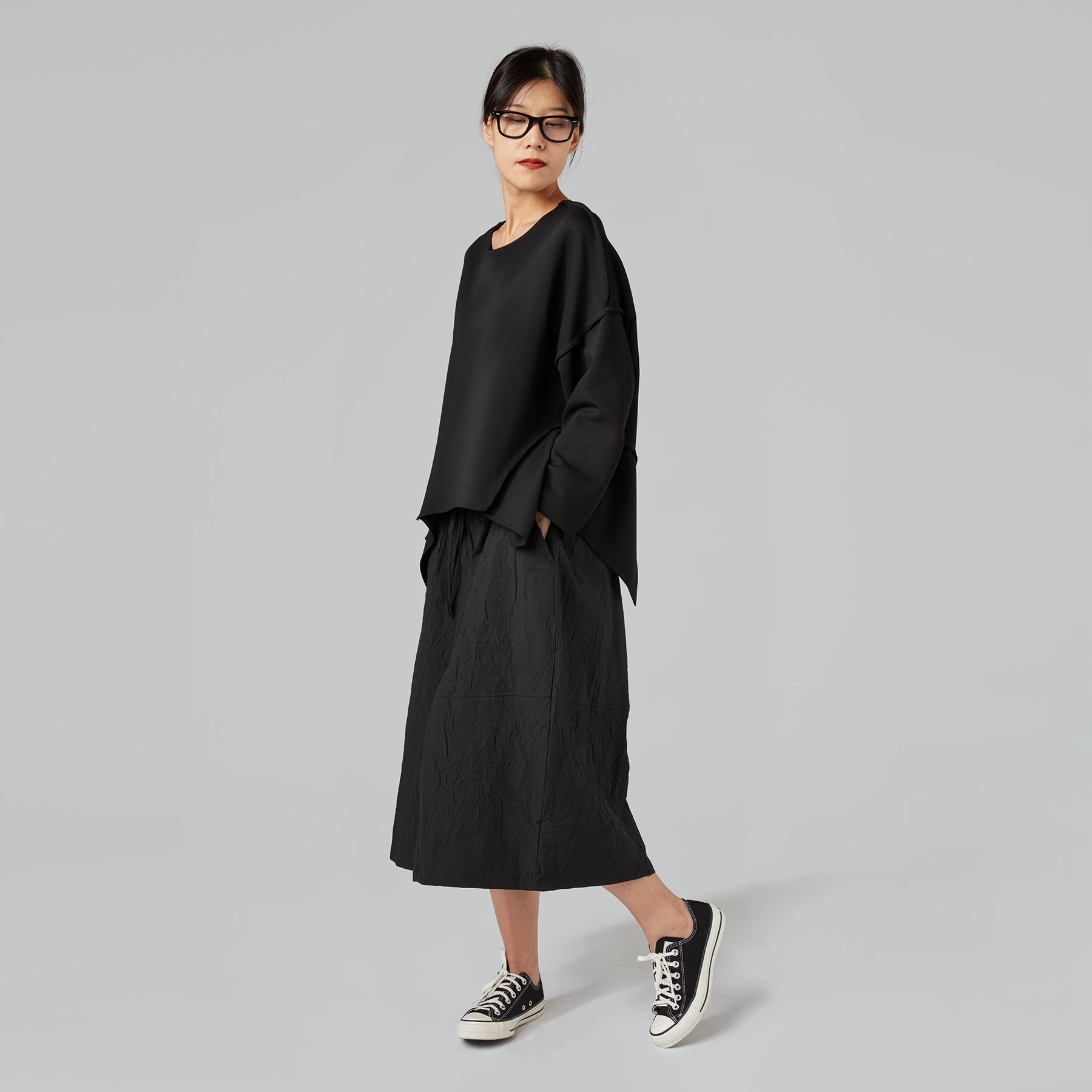 SWEATSHIRT WITH SIDE POINTED INSERTS IN COTTON BLEND BLACK