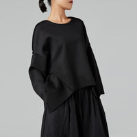 SWEATSHIRT WITH SIDE POINTED INSERTS IN COTTON BLEND BLACK