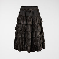 BLACK RUFFLED SKIRT IN FAUX LEATHER FABRIC