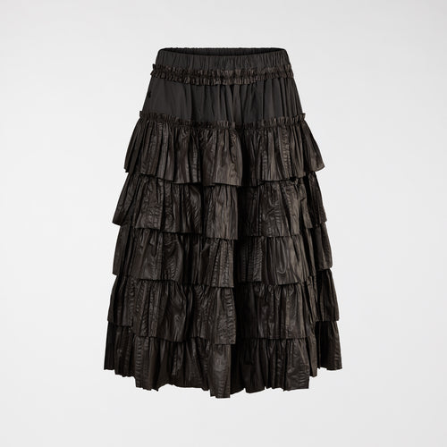 BLACK RUFFLED SKIRT IN FAUX LEATHER FABRIC