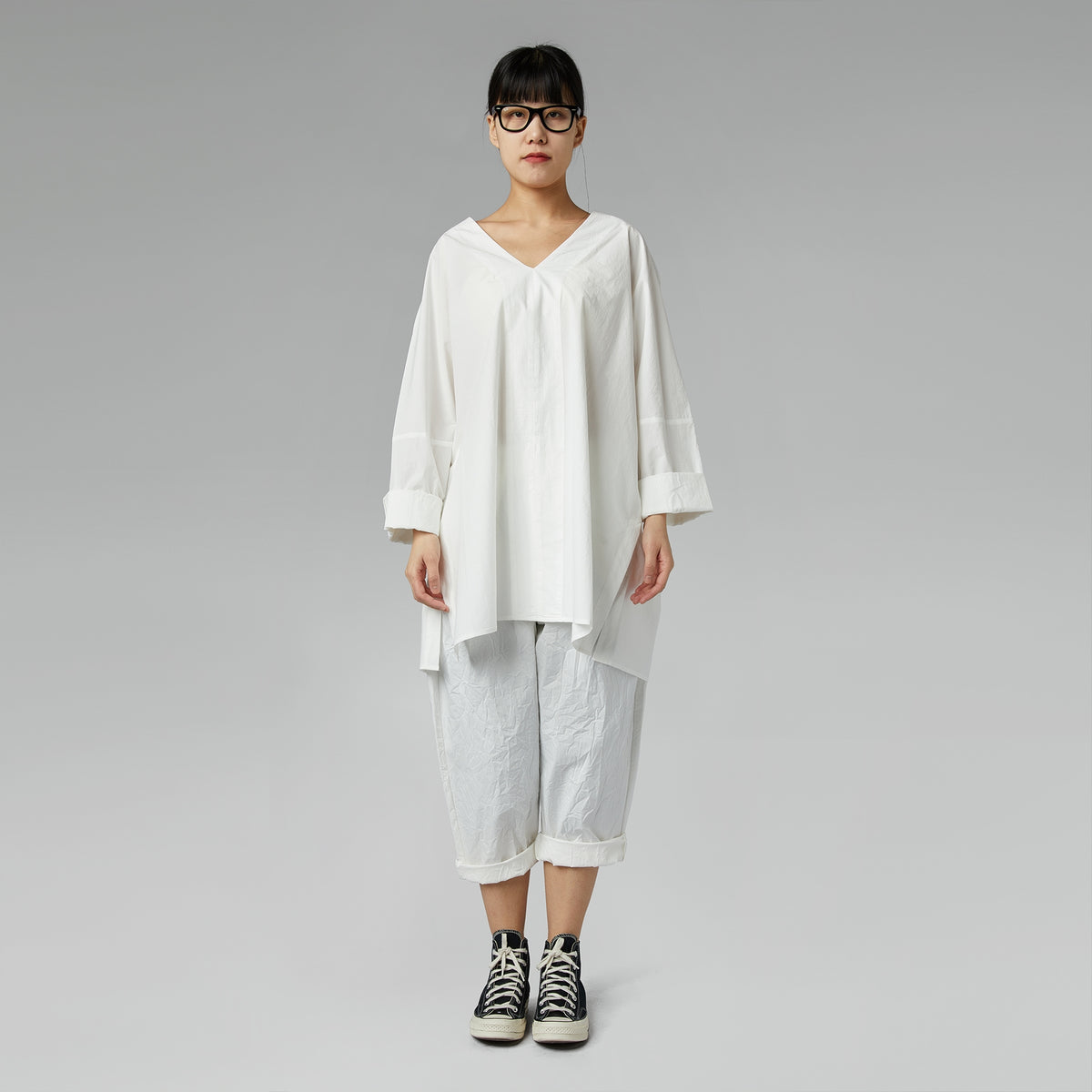 MAXIBLUSE MIT V-AUSSCHNITT WEISS