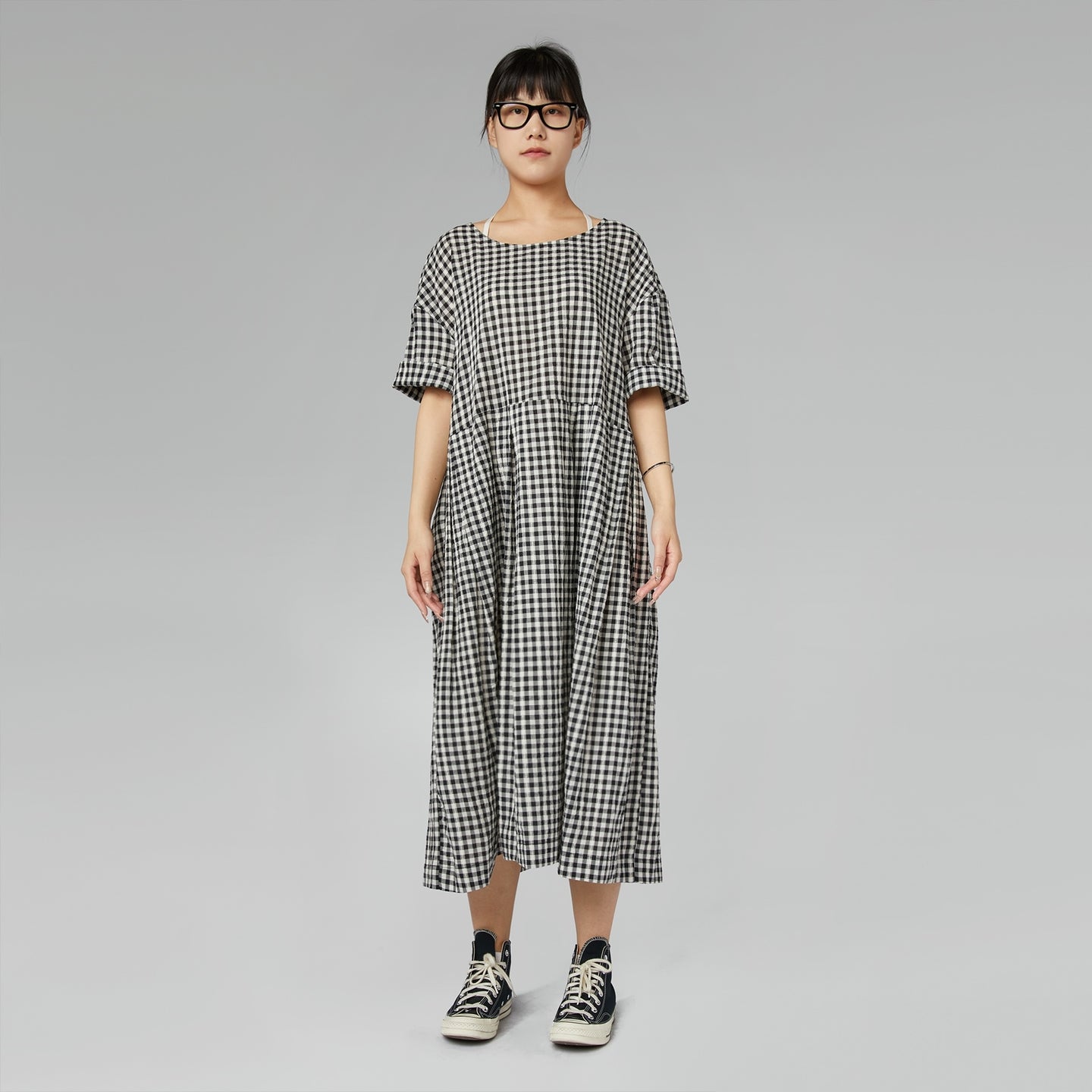 CHECKED DRESS WITH SMALL EMBROIDERY