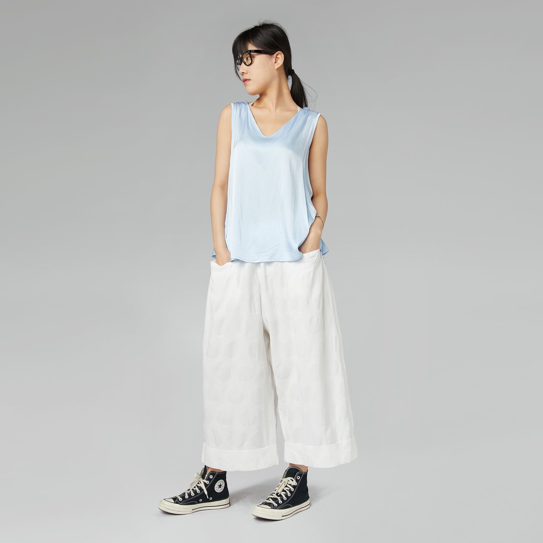 RAYON BLEND SATIN TOP WITH V-NECK BLUE