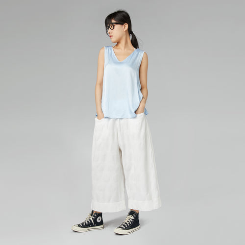 RAYON BLEND SATIN TOP WITH V-NECK BLUE