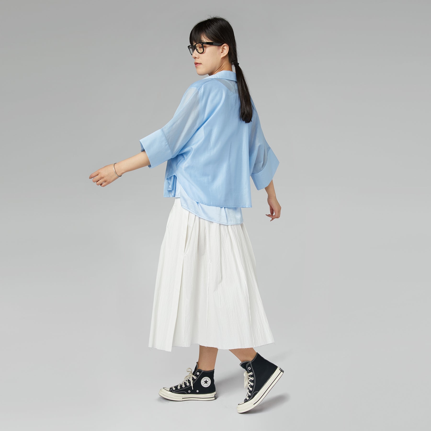 CROP FIT SEMI-SHEER SHIRT SKY BLUE