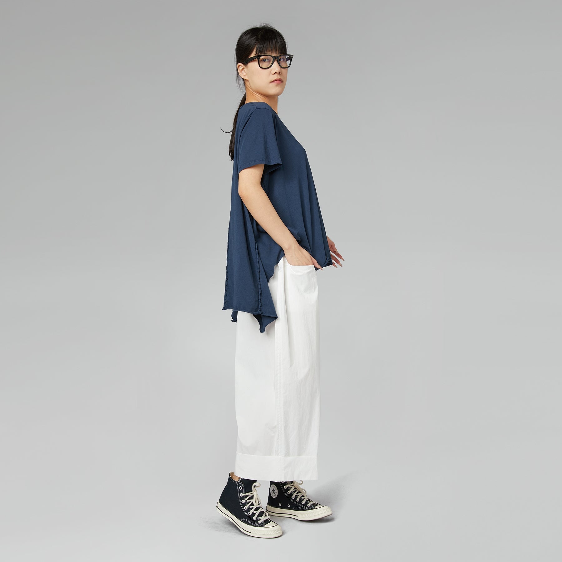 LONG BACK COTTON T-SHIRT BLUE