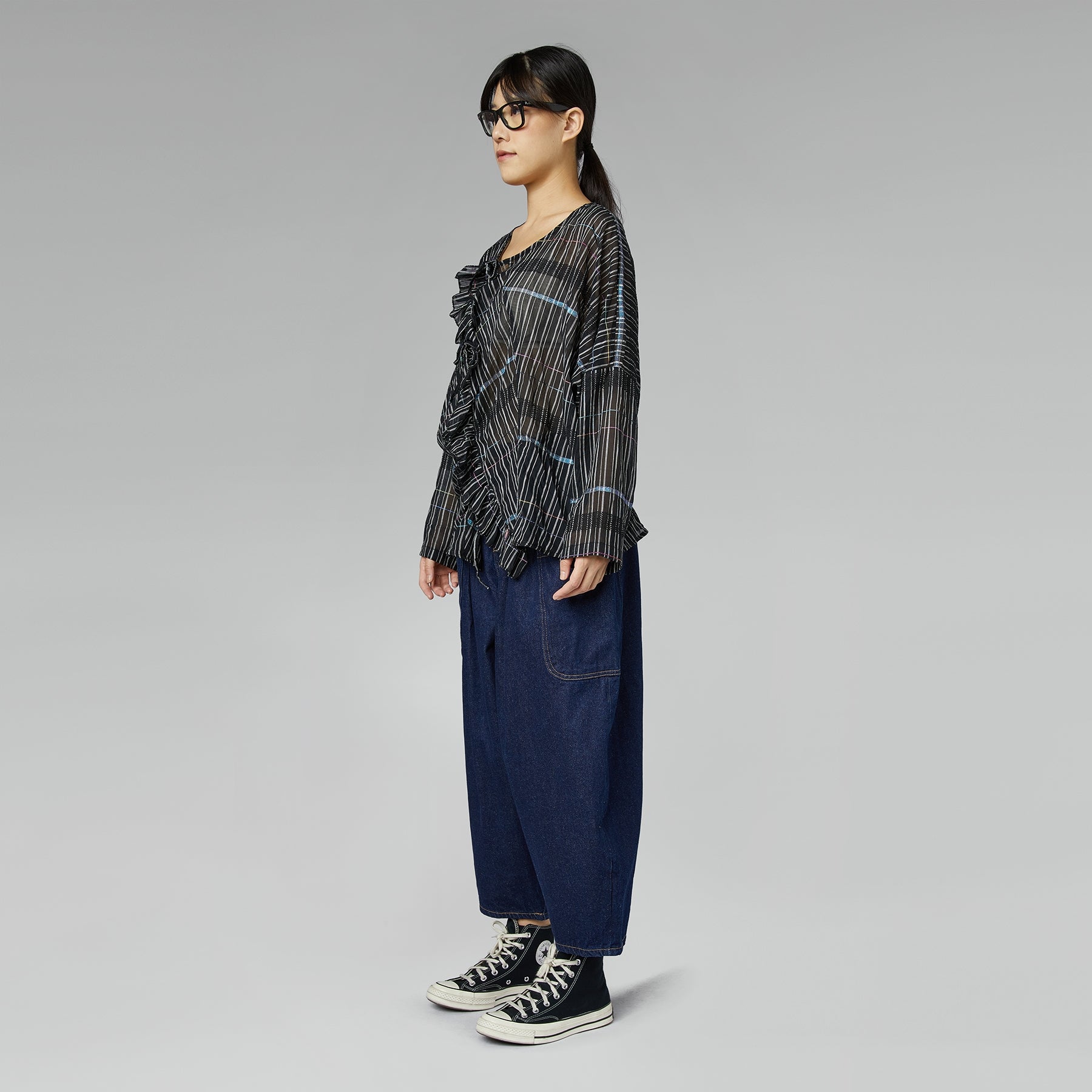 SEMI-TRANSPARENT BLOUSE WITH ROUCHE BLACK