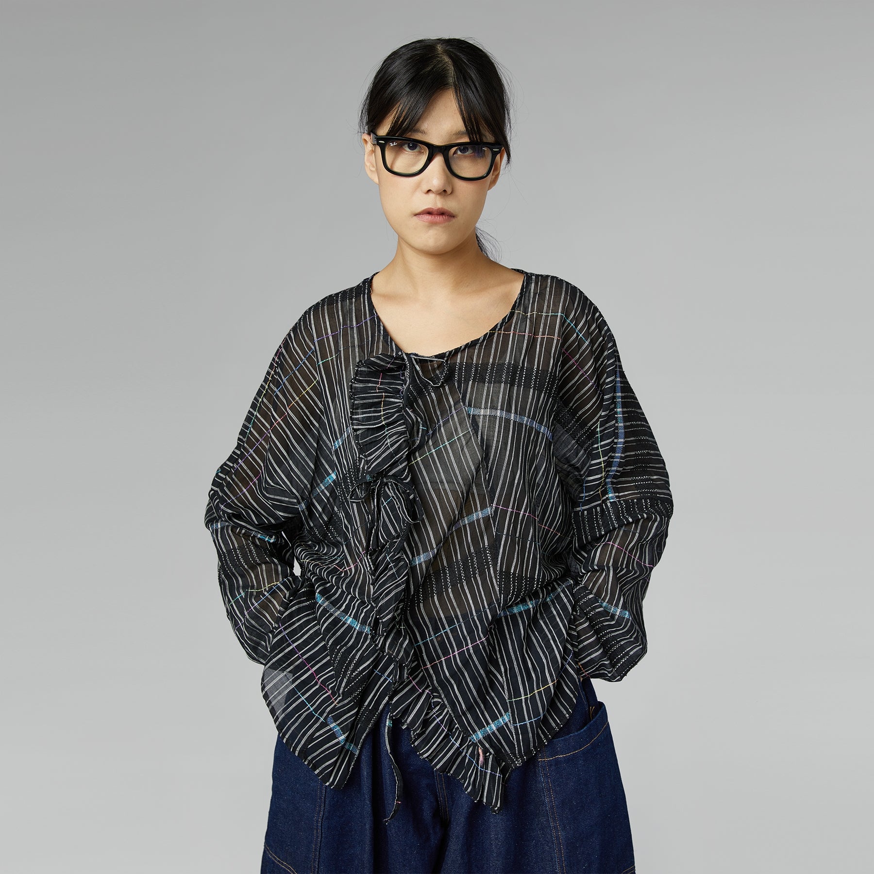 SEMI-TRANSPARENT BLOUSE WITH ROUCHE BLACK