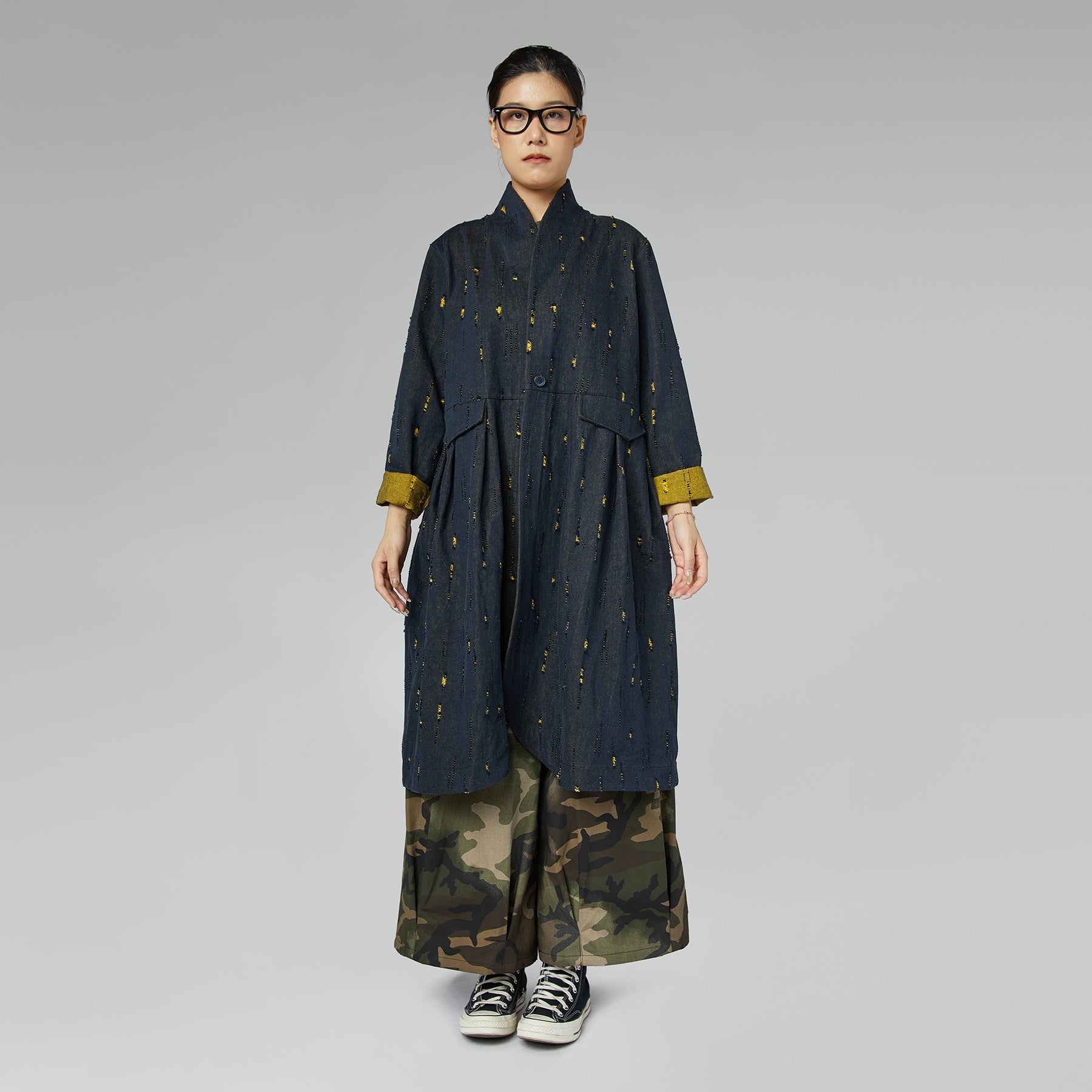 DENIM OVERCOAT WITH INLAYS