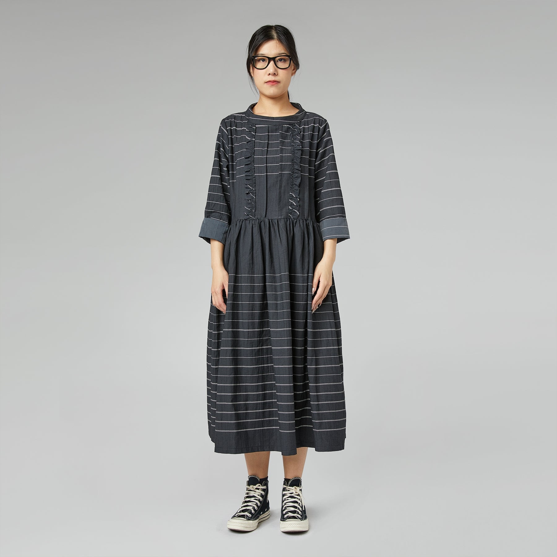 STRIPED DRESS WITH ROUCHE WHITE