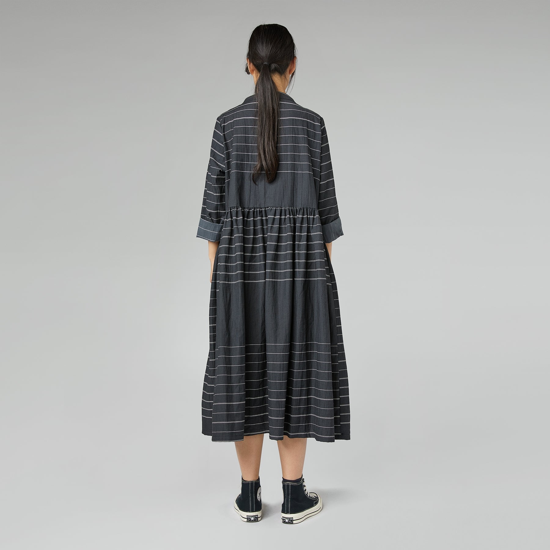 STRIPED DRESS WITH ROUCHE BLACK