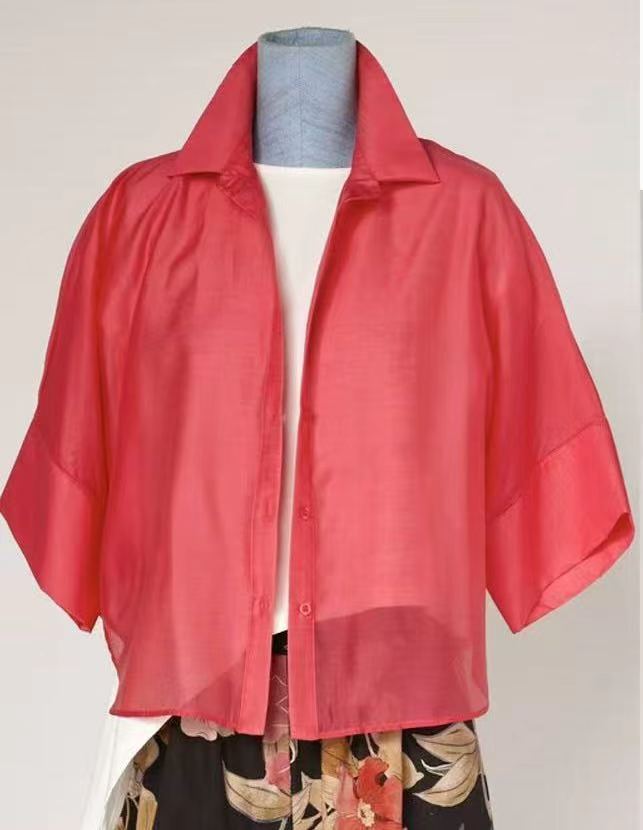 CROP FIT SEMI-SHEER SHIRT FUCSIA
