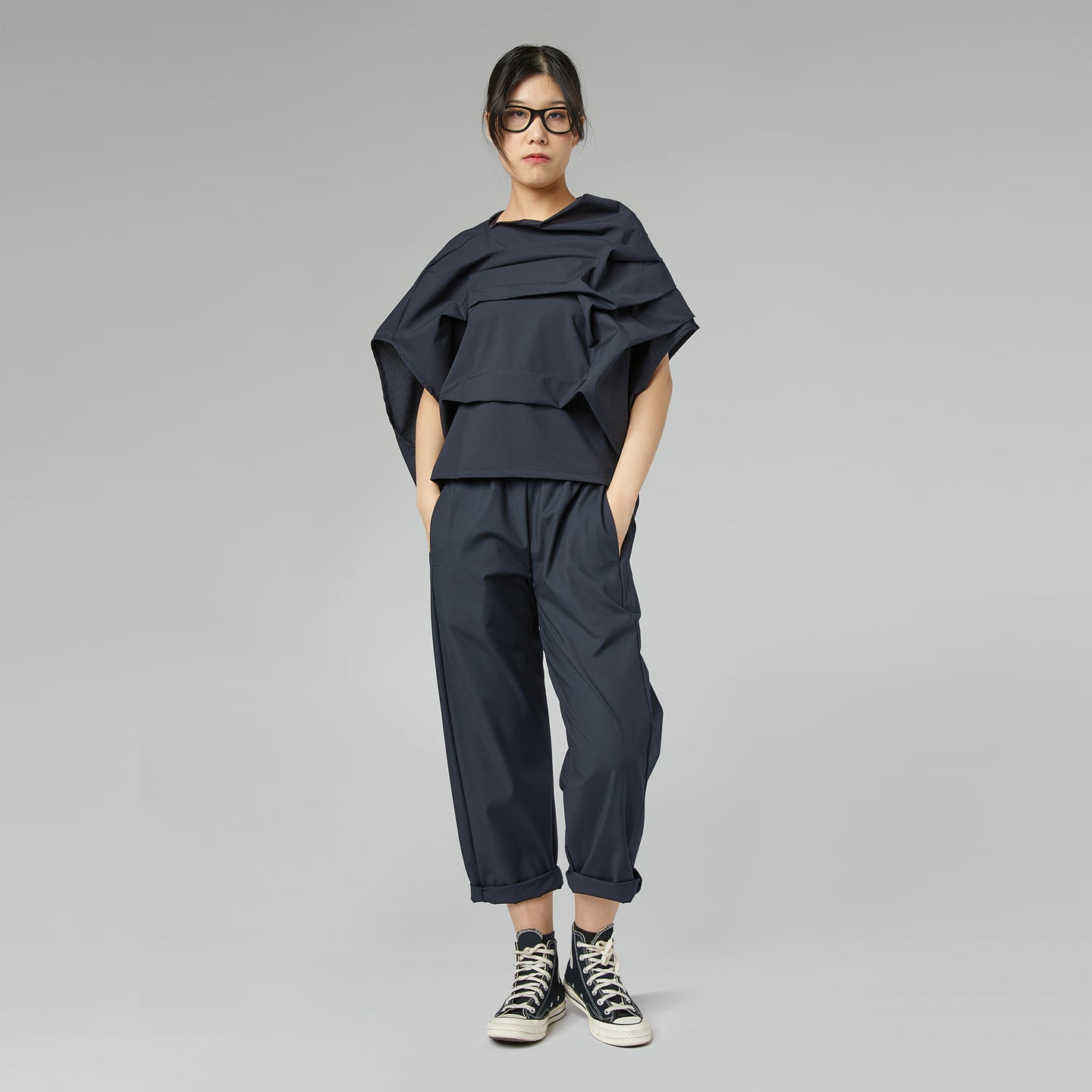 TWILL PLEATED BLOUSE BLUE
