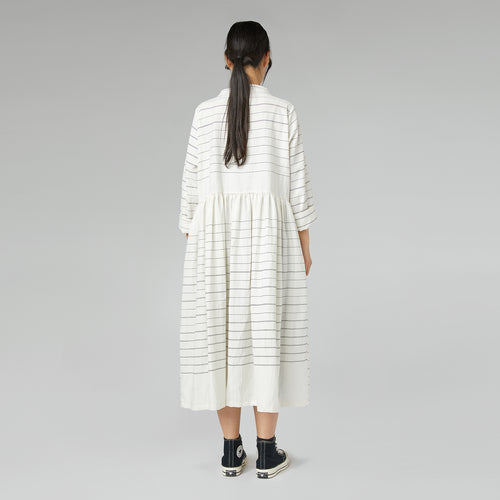STRIPED DRESS WITH ROUCHE WHITE