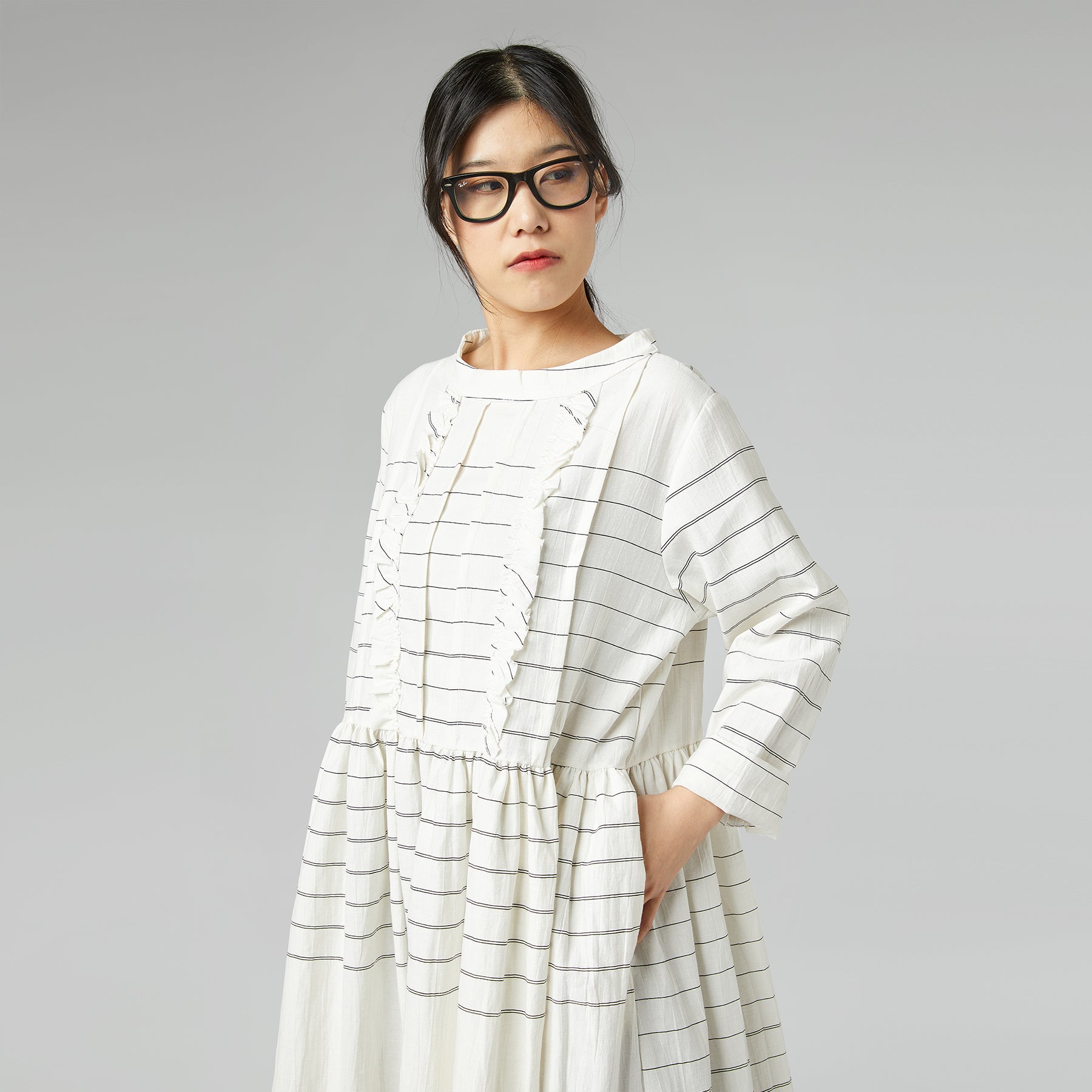 STRIPED DRESS WITH ROUCHE WHITE