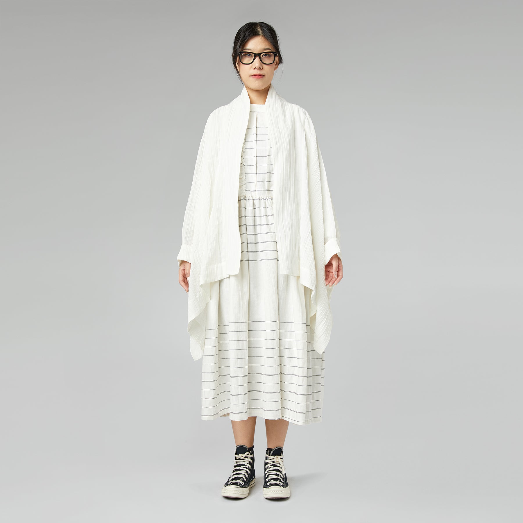 STRIPED DRESS WITH ROUCHE WHITE