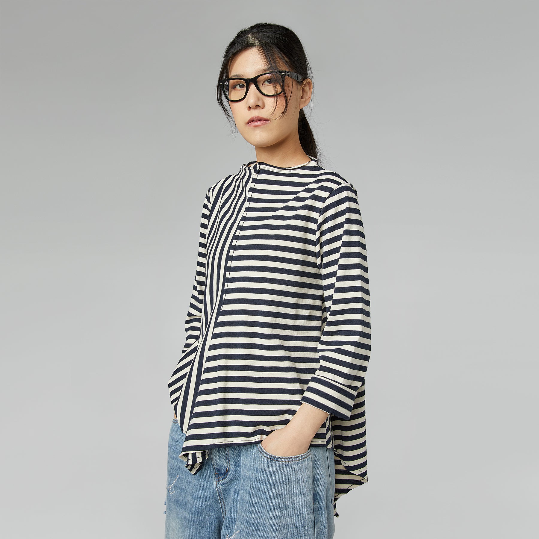 BLUSA ASIMMETRICA A RIGHE BLU